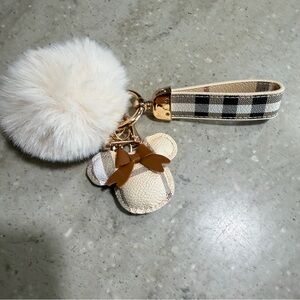 Plaid Keychain with Pom Pom and Bear Charm
